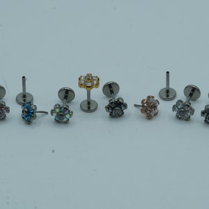 Flower Bezel Push In Flat Back Labret Stud Earring Implant Grade Titanium Threadless Push In Opal Top 16G 18G 20G 5mm 6mm 7mm 8mm 9mm 10mm