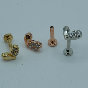 Diamond Sprout Heart Cartilage Earring, Conch, Helix, Stud, Tragus, Flat Back Labret, Flat Back Earring, Jewel Barbell, Internally Threaded