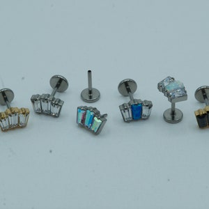 Baguette Top Push In Flat Back Labret Stud Earring Implant Grade Titanium Threadless Push In CZ Top 16G 18G 20G 5mm 6mm 7mm 8mm 9mm 10mm