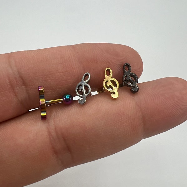 Treble Clef Screw On Earring Music Note Jewelry Piercing Tragus Cartilage Ball Back Piercing Ear Stud Gold Silver Black Rainbow 16G 6mm