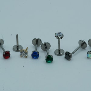 Diamond Push In Flat Back Labret Stud Earring Claw Set Implant Grade Titanium Threadless Push In CZ Top 16G 18G 20G 5mm 6mm 7mm 8mm 9mm 10mm
