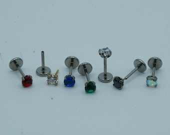 Diamond Push In Flat Back Labret Stud Earring Claw Set Implant Grade Titanium Threadless Push In CZ Top 16G 18G 20G 5mm 6mm 7mm 8mm 9mm 10mm