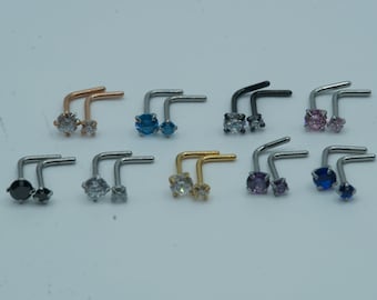Nasenstecker Nasenring L Bend Prong Set CZ 316L Chirurgenstahl Nasenstecker Ringe Nasenpiercing Silber Gold Rosegold Schwarz 18G 20G 2mm 3mm