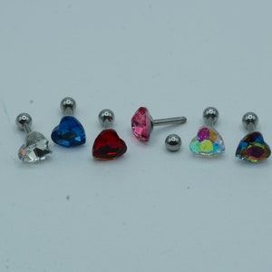 Heart Crystal Top Screw In Labret Cartilage Stud Earrings316L Surgical Steel Cartilage Barbell Studs Ball Back 16G 6mm
