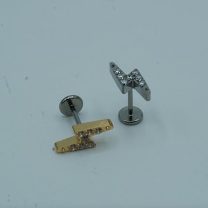 CZ Lightening Bolt Push In Flat Back Labret Stud Earring Implant Grade Titanium Threadless CZ Top 16G 18G 20G 5mm 6mm 7mm 8mm 9mm 10mm
