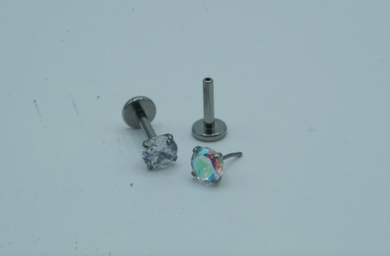 Diamond Push In Flat Back Labret Stud Earring Implant Grade Titanium Threadless Push In CZ Top 16G 18G 20G 5mm 6mm 7mm 8mm 9mm 10mm image 2