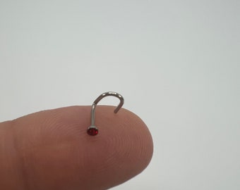 May include: A silver nose ring with a small red gemstone.