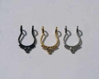Fake Septum Ring Faux Septum Hoop Fake Nose Ring Nose Cuff 3 Round CZ Flat Balls Beads Gold Black Steel 18G