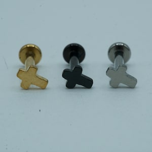 Jesus Cross Cartilage Earring, Titanium, Lobe, Conch, Lip, Helix, Stud, Tragus, Flat Back Labret, Flat Back, Barbell, Internally Threaded