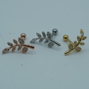 CZ Paved Leaf Top Screw In Labret Cartilage Stud Earrings316L Surgical Steel Cartilage Barbell Studs Ball Back 16G 6mm