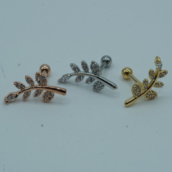 CZ Paved Leaf Top Screw In Labret Cartilage Stud Earrings316L Surgical Steel Cartilage Barbell Studs Ball Back 16G 6mm