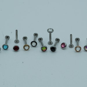 Bezel Set Flat CZ Screw Back Earring Flat Back Labret Stud Earring Internally Threaded Disc Top Surgical Steel 16G 5mm 6mm 7mm 8mm 9mm 10mm