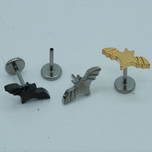 Bat Top Push In Flat Back Labret Stud Earring Implant Grade Titanium Threadless Push In CZ Top 16G 18G 20G 5mm 6mm 7mm 8mm 9mm 10mm