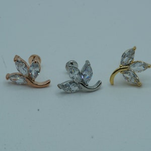 3 Marquise Leaf Cartilage Earring, Conch, Helix, Stud, Tragus, Flat Back Labret, Flat Back Earring, Jewel Barbell, Internally Threaded