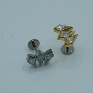 3 CZ Spears Push In Flat Back Labret Stud Earring Implant Grade Titanium Threadless Push In Opal Top 16G 18G 20G 5mm 6mm 7mm 8mm 9mm 10mm