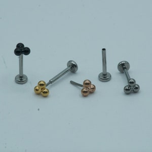 Trinity Triple Ball Push In Flat Back Labret Stud Earring Implant Grade Titanium Threadless CZ Top 16G 18G 20G 5mm 6mm 7mm 8mm 9mm 10mm