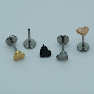 Diamond Cut Heart Top Push In Flat Back Labret Stud Earring Implant Grade Titanium Threadless 16G 18G 20G 5mm 6mm 7mm 8mm 9mm 10mm