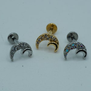 Paved Crescent Moon Cartilage Earring, Conch, Helix, Stud, Tragus, Flat Back Labret, Flat Back Earring, Jewel Barbell, Internally Threaded