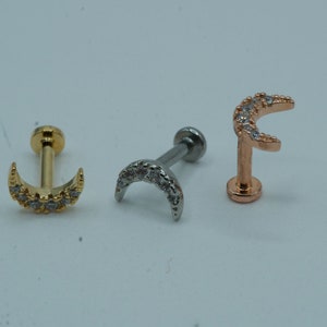 Paved Crescent Moon Cartilage Earring, Conch, Helix, Stud, Tragus, Flat Back Labret, Flat Back Earring, Jewel Barbell, Internally Threaded