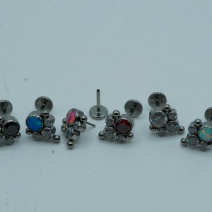 3 CZ Opal Cluster Push In Flat Back Labret Stud Earring Implant Grade Titanium Threadless CZ Top 16G 18G 20G 5mm 6mm 7mm 8mm 9mm 10mm