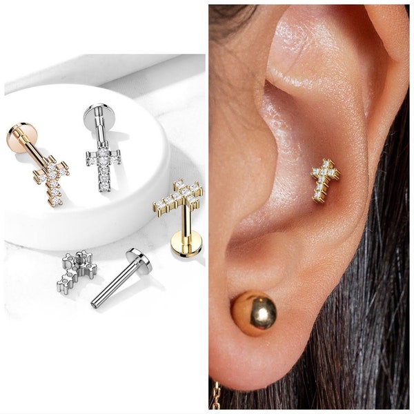 16G Gold Surgical Steel CZ Lip Labret Stud – Cross Snake Cartilage Earring, Helix Tragus Jewelry, Unisex
