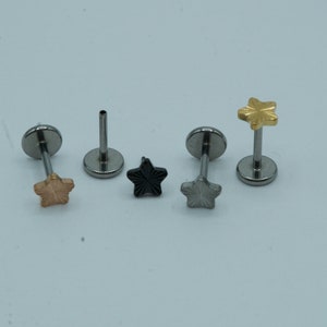 Diamond Cut Star Top Push In Flat Back Labret Stud Earring Implant Grade Titanium Threadless 16G 18G 20G 5mm 6mm 7mm 8mm 9mm 10mm