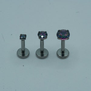 Diamond Push In Flat Back Labret Stud Earring Implant Grade Titanium Threadless Push In CZ Top 16G 18G 20G 5mm 6mm 7mm 8mm 9mm 10mm image 3