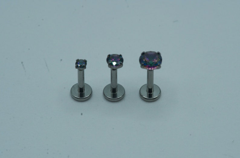 Diamond Push In Flat Back Labret Stud Earring Implant Grade Titanium Threadless Push In CZ Top 16G 18G 20G 5mm 6mm 7mm 8mm 9mm 10mm image 3