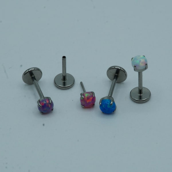 Half Opal Push In Flat Back Labret Stud Earring Implant Grade Titanium Threadless Push In Opal Top 14G 16G 18G 20G 5mm 6mm 7mm 8mm 9mm 10mm