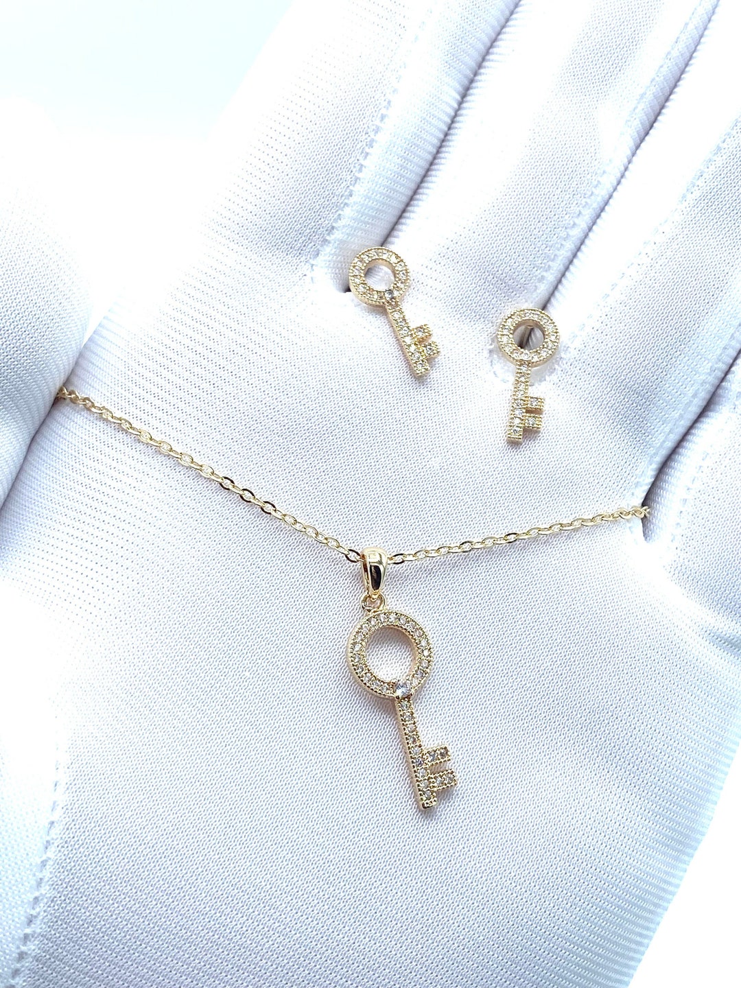 Key Charm Pendant Necklace and Earrings Set Gold or Silver Cubic