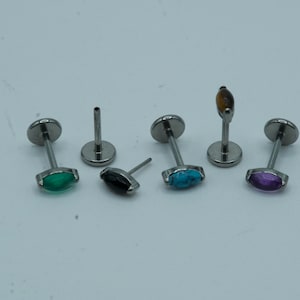Marquise Natural Stone Push In Flat Back Labret Stud Earring Implant Grade Titanium Threadless Top 16G 18G 20G 5mm 6mm 7mm 8mm 9mm 10mm