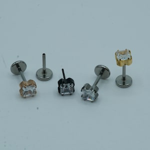 Square Diamond Push In Flat Back Labret Stud Earring Implant Grade Titanium Threadless Push In CZ Top 16G 18G 20G 5mm 6mm 7mm 8mm 9mm 10mm