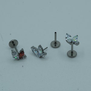Double Marquise CZ Push In Flat Back Labret Stud Earring Implant Grade Titanium Threadless Push In 16G 18G 20G 5mm 6mm 7mm 8mm 9mm 10mm