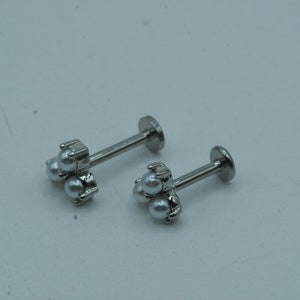 Tiny Three Pearls Piercing Trinity Minimalist Ear Cartilage Helix Tragus Conch Labret Triangle Triple Stud Flat Back Earring Silver 16G 8mm