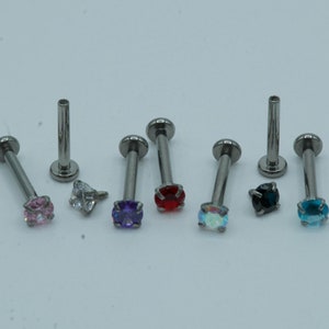 Diamond Flat Back Labret Stud Earrings Nose Ring Ear Cartilage Piercing Lip Internally Threaded Screw In Surgical Steel 16G 18G 2mm 3mm 4mm