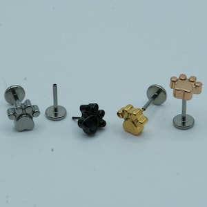 Paw Print Push In Flat Back Labret Stud Pendiente Implante Grado Titanio Sin Rosca Push In CZ Top 16G 18G 20G 5mm 6mm 7mm 8mm 9mm 10mm