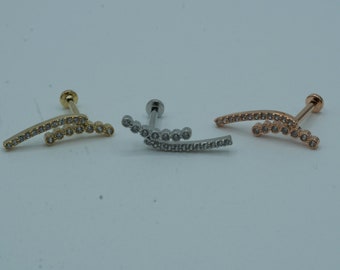Diamond Lined Bar Flat Back Labret Earring Schroef In Intern Geneste Kraakbeen Oorbel Conch Helix Stud Tragus Barbell 16G 6mm 8mm
