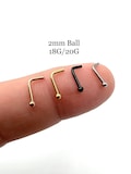 Tiny Ball Nose Stud Nose Ring 316L Surgical Steel L Shape Bend Nose Piercing Thin Dainty 20G, 18G, 2mm, Gold, Black, Silver, Rose Gold