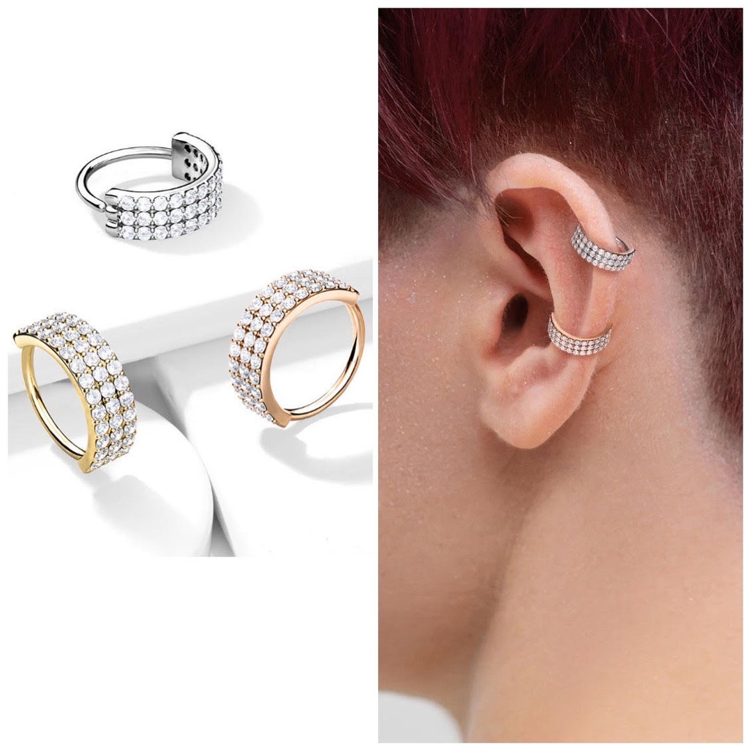 Triple CZ Lined Nose Ring Nose Hoop Piercing Adjustable Gold Silver