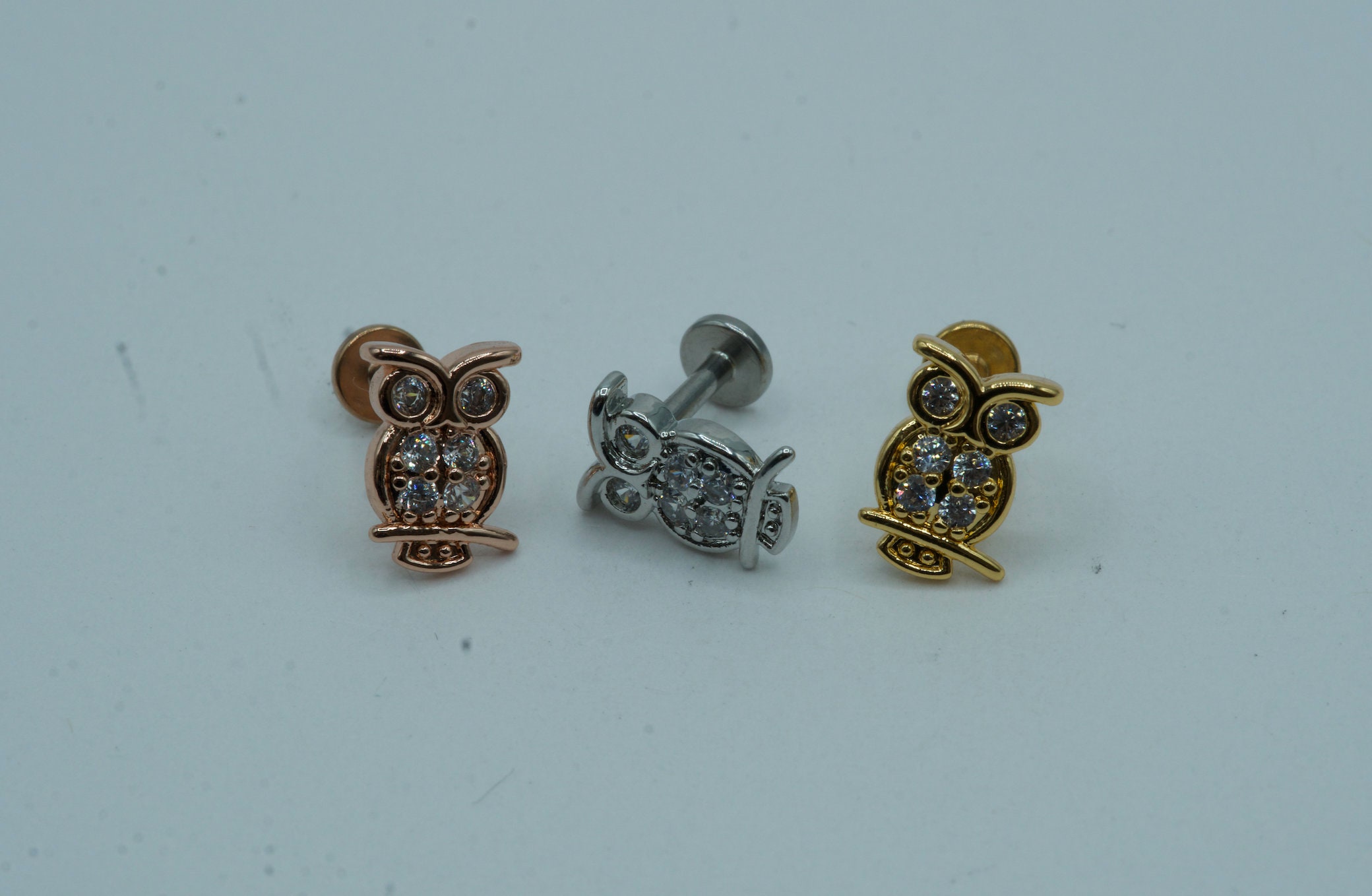 CZ Paved Owl Flat Back Stud Earrings Screw In Internally Threaded 316L Surgical Steel Gold Cartilage