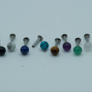 Natural Stone Flat Back Stud Earring Screw On Internally Threaded 316L Surgical Steel Labret Monroe Cartilage Piercing 16G 4mm Stone