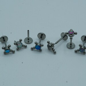 Opal Jesus Cross Push In Flat Back Labret Stud Earring Implant Grade Titanium Threadless Push In CZ Top 16G 18G 20G 5mm 6mm 7mm 8mm 9mm 10mm