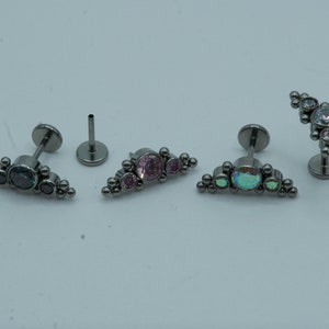 3 Bezel CZ Push In Flat Back Labret Stud Earring Implant Grade Titanium Threadless Push In Opal Top 16G 18G 20G 5mm 6mm 7mm 8mm 9mm 10mm