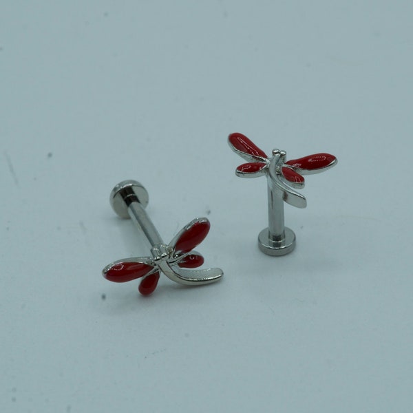 Red Dragonfly Cartilage Earring, Conch, Helix, Stud, Tragus, Flat Back Labret, Flat Back Earring, Jewel Barbell, Internally Threaded