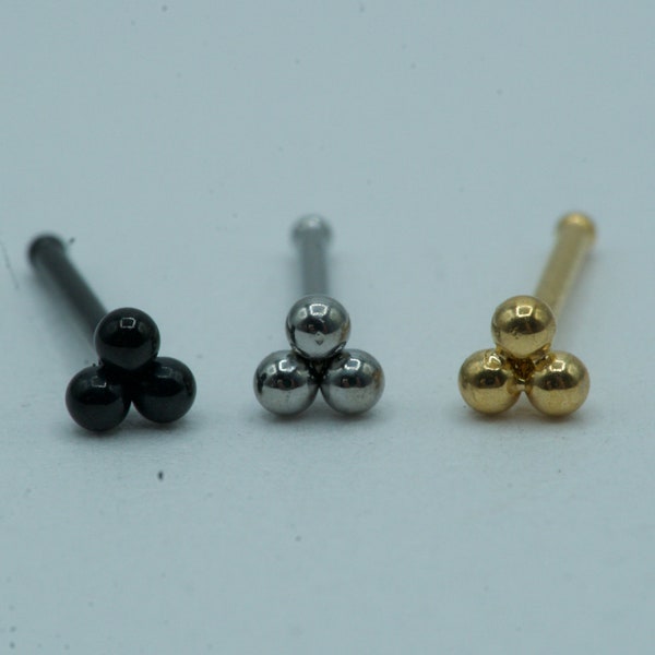 Triple 3 Ball Cluster Nose Stud Nose Ring Nose Triangle Piercing Ball Top Nose Bone Gold Black Silver 20G 7mm
