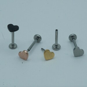 Heart Push In Flat Back Labret Stud Earring Implant Grade Titanium Threadless Push In CZ Top 16G 18G 20G 5mm 6mm 7mm 8mm 9mm 10mm
