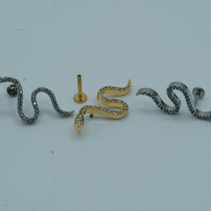 CZ Paved Snake Flat Back Stud Earrings Screw In Internally Threaded 316L Surgical Steel Gold Cartilage Piercing 16G 6mm