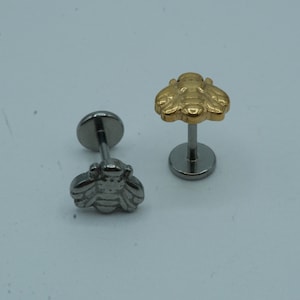 Bumble Bee Push In Flat Back Labret Stud Pendiente Implante Grado Titanio Sin Rosca Push In CZ Top 16G 18G 20G 5mm 6mm 7mm 8mm 9mm 10mm