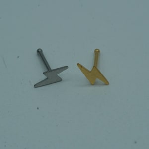 May include: Two nose rings with a lightning bolt design. One is silver and the other is gold.