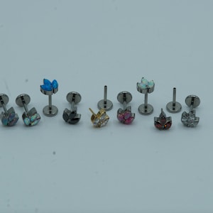 CZ Opal Marquise Leaf Push In Flat Back Labret Stud Earring Implant Grade Titanium Threadless Top 14G 16G 18G 20G 5mm 6mm 7mm 8mm 9mm 10mm